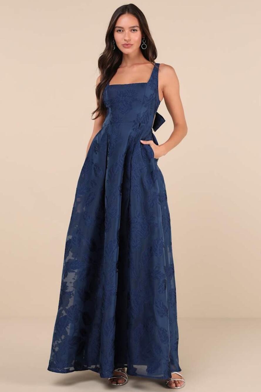 Lulus Perfected Aura Navy Jacquard Tie-Back Maxi Dress with Pockets Formal S